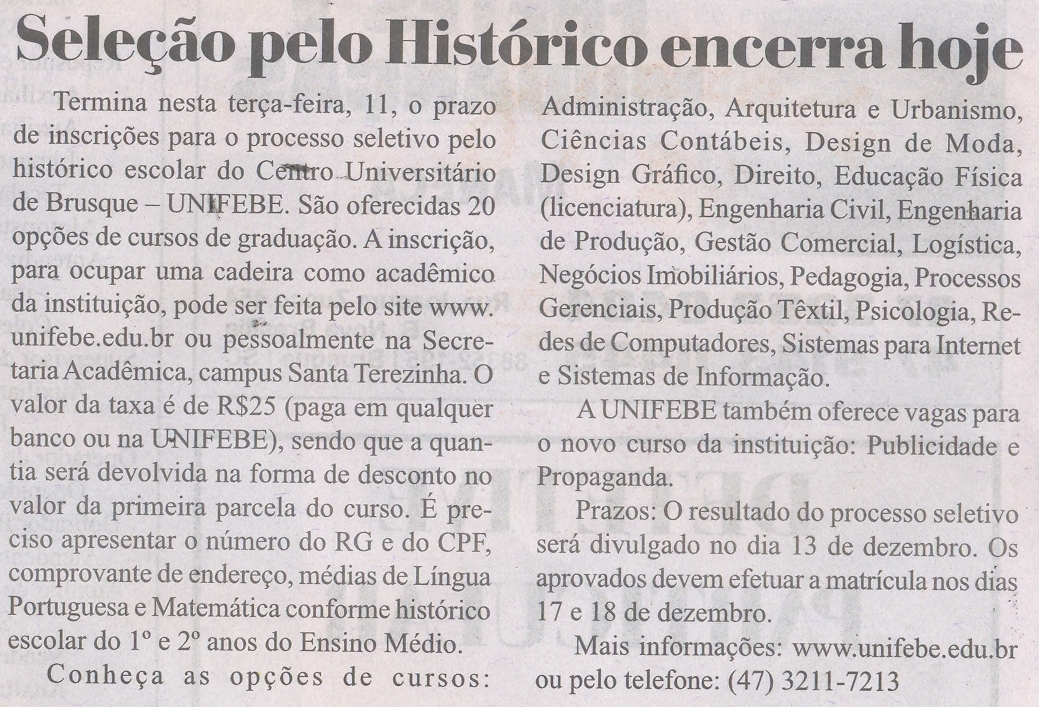Seleção pelo Histórico UNIFEBE