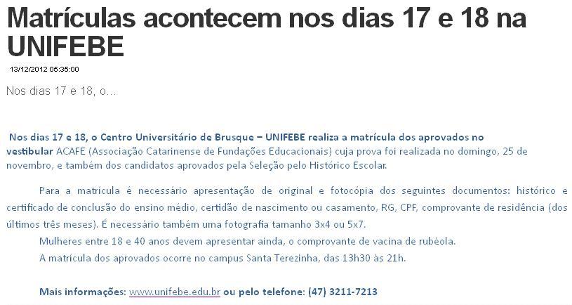 Matrículas acontecem nos dias 17 e 18 na UNIFEBE