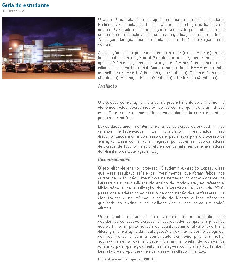 UNIFEBE é destaque no Guia do Estudante Profissões Vestibular 2013