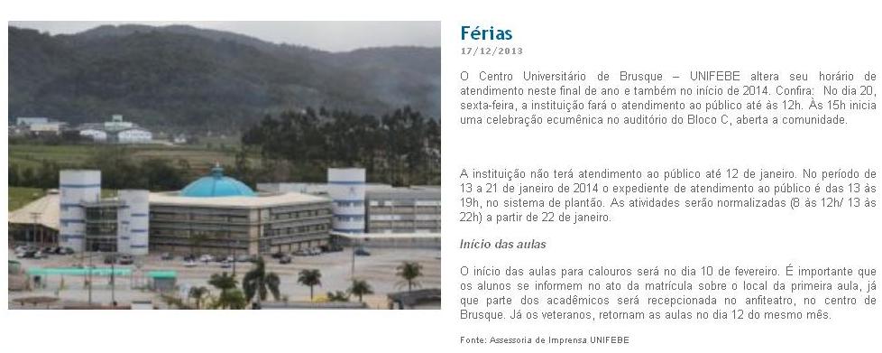 Horário de atendimento da UNIFEBE alterado neste fim de ano