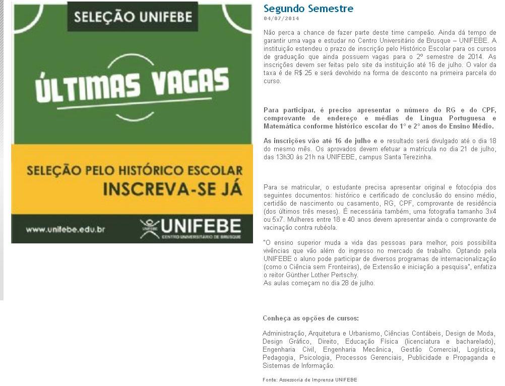 Seleção por Histórico UNIFEBE Últimas Vagas