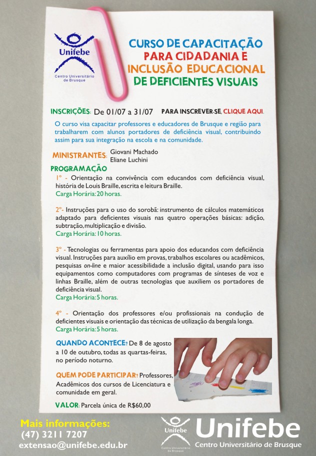 Inscrições para o Curso de Capacitação para a Inclusão de Deficientes Visuais
