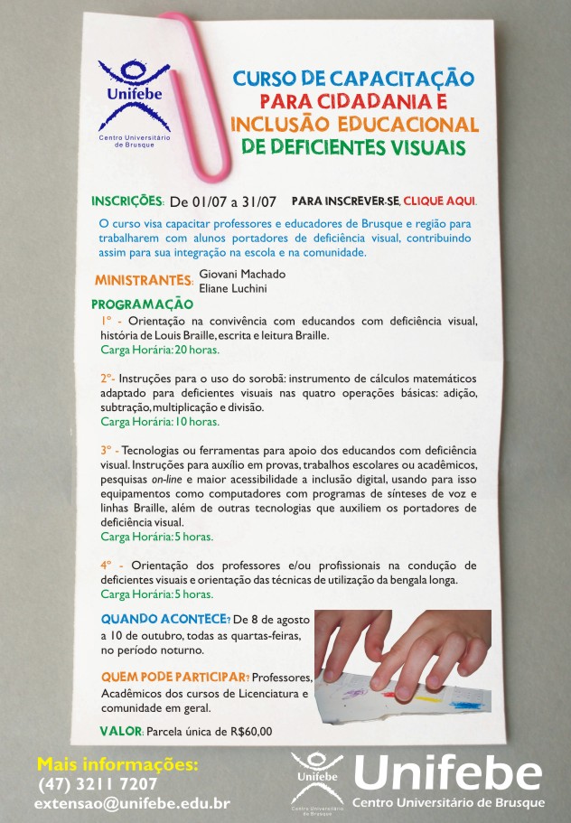 Inscrições para o Curso de Capacitação para a Inclusão de Deficientes Visuais