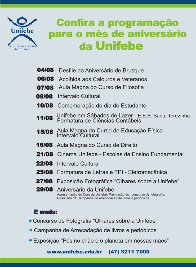 Confira a Programação para o mês de Aniversário da Unifebe