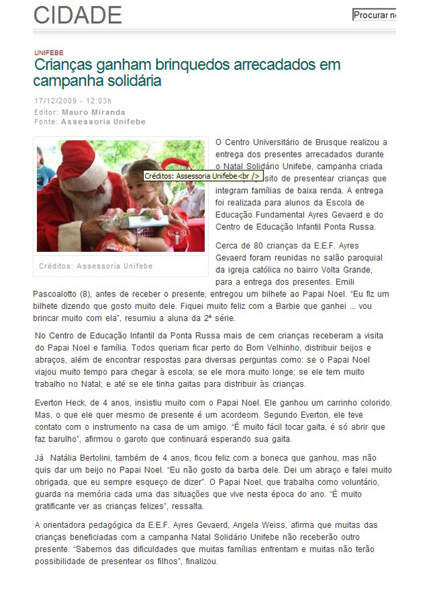 Natal Solidário – Clipping #10 - Centro Universitário de Brusque - UNIFEBE Natal Solidário – Clipping #10 - Centro Universitário de Brusque - UNIFEBE