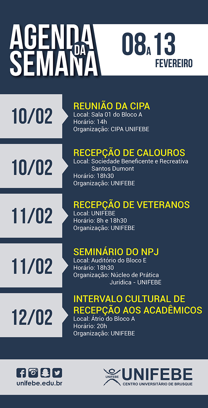 Agenda da Semana – De 8 a 13 de fevereiro