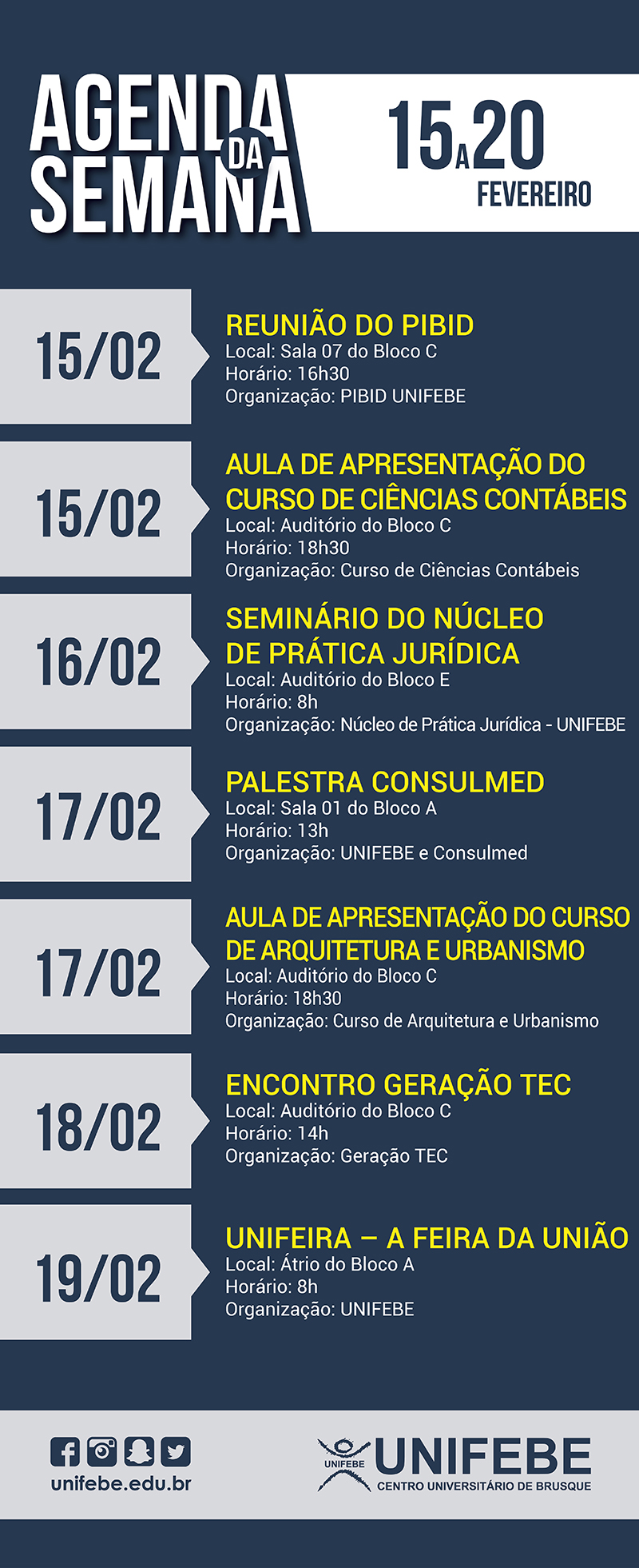 Agenda da Semana – De 15 a 20 de fevereiro