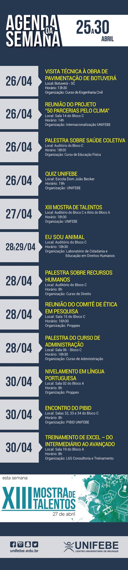 Agenda da Semana – De 25 a 30 de abril