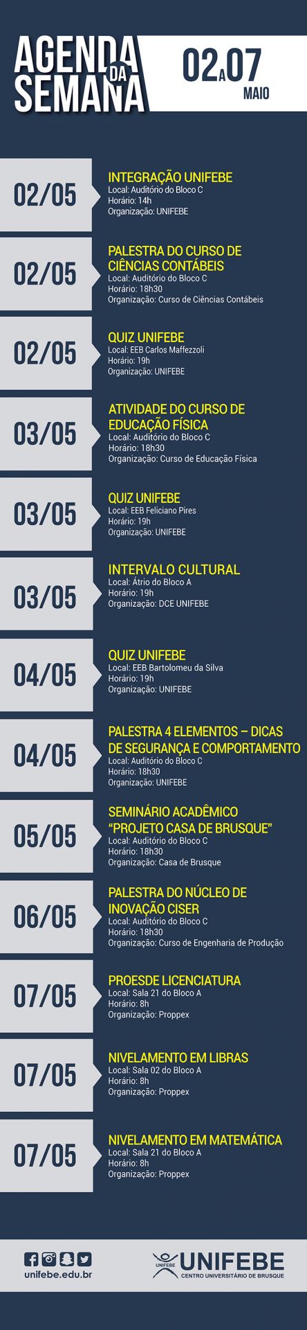 Agenda da Semana – De 02 a 07 de maio