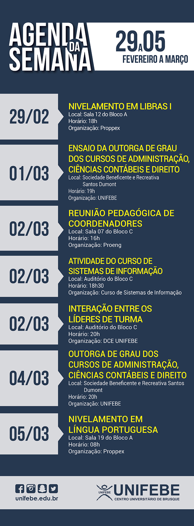 Agenda da Semana – De 29 de fevereiro a 5 de março