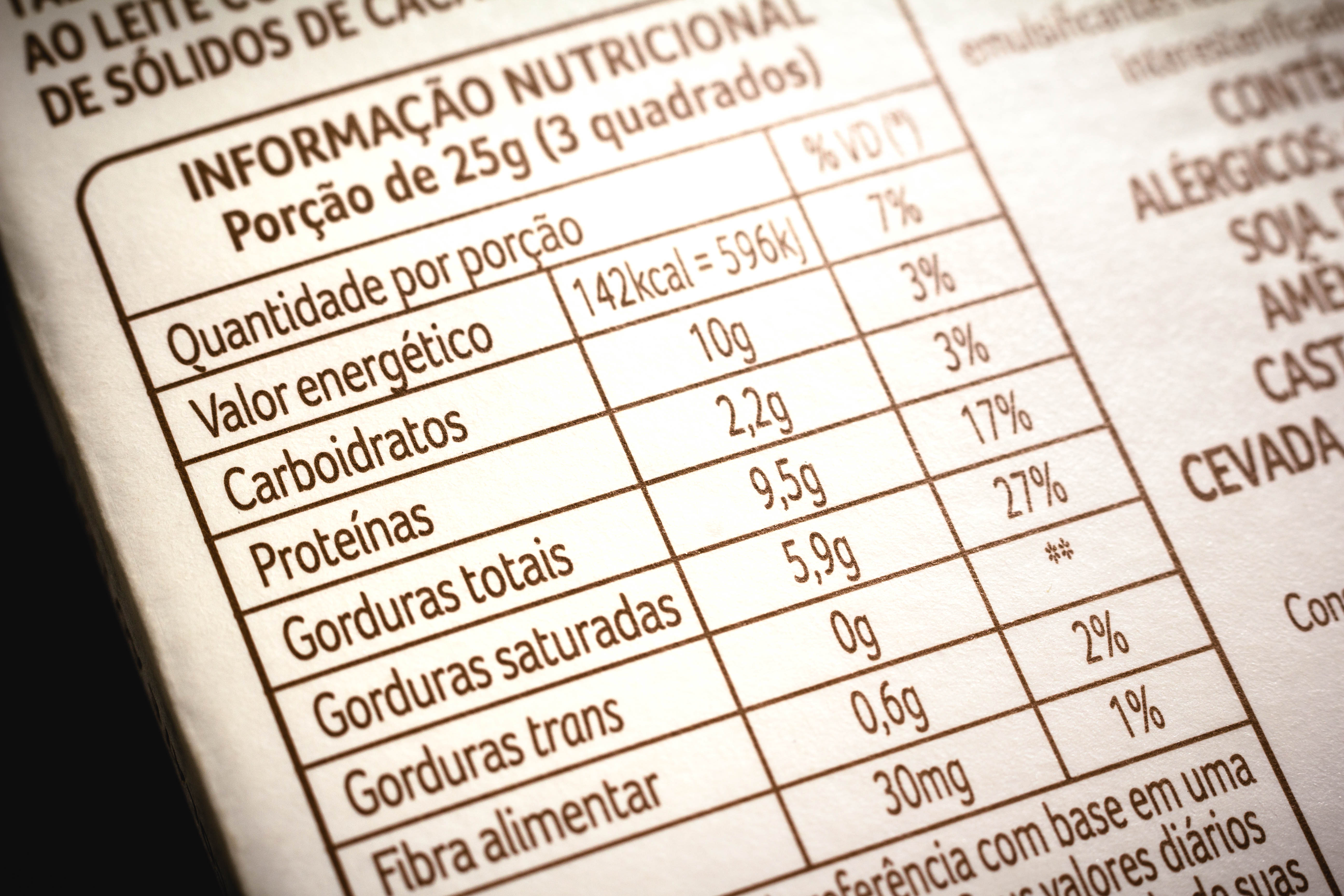 In this photo illustration a label on a product with the nutritional information (calories, carbohydrates, protein and fat) - Text in portuguese - Concept of healthy living and health