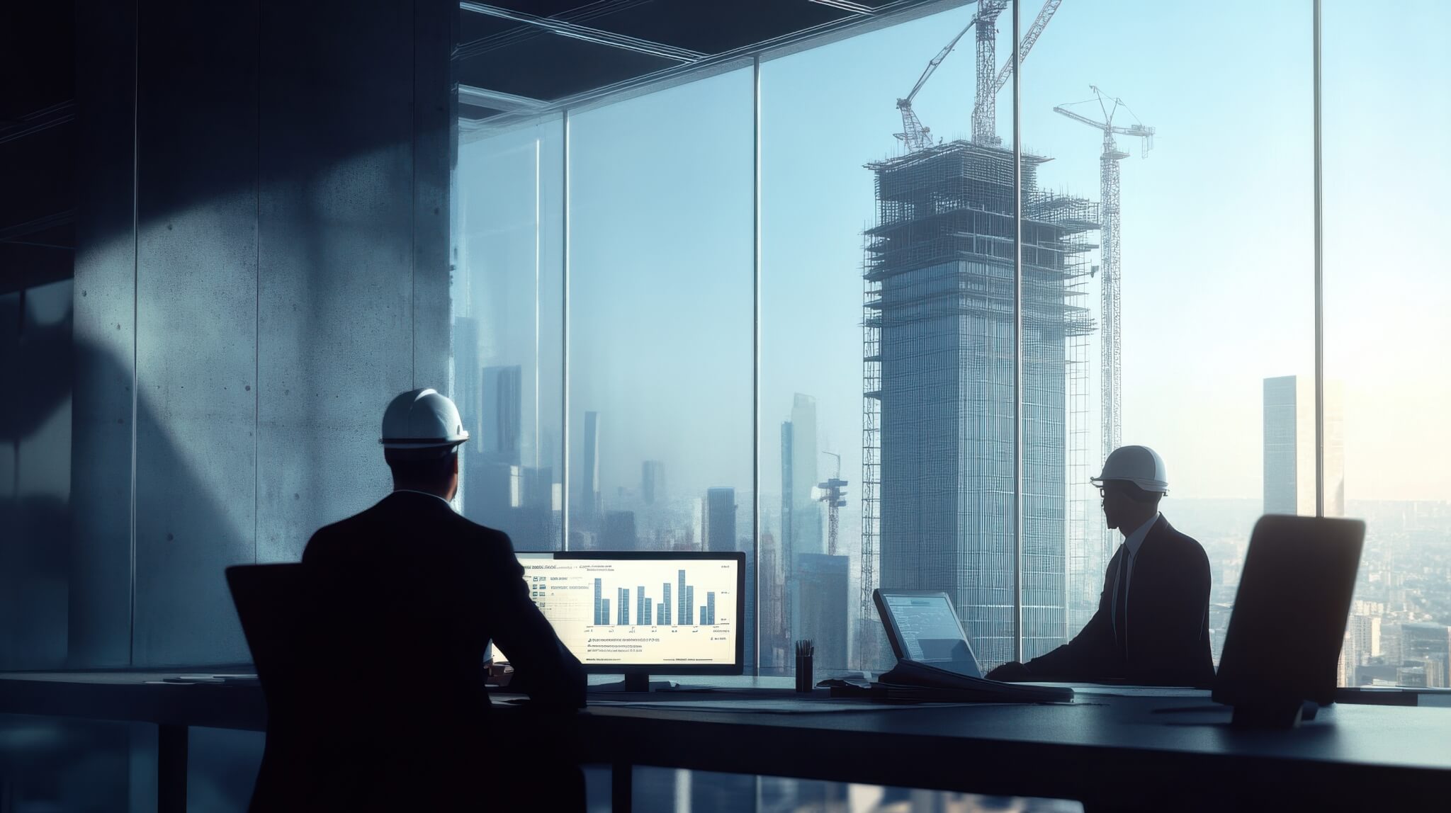Generate a photo realistic image of a construction project team strategizing budget adjustment methods, with detailed financial charts and adjustment plans